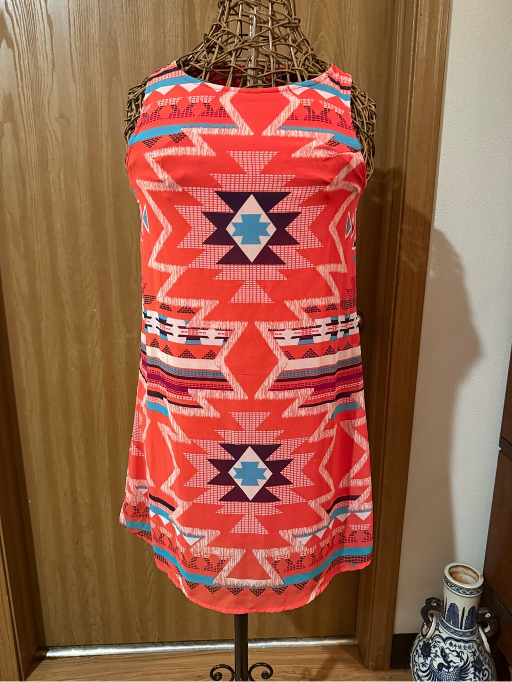 Lorena Rose Southwestern Aztec Print Sleeveless Shift Dress Coral Turquoise S